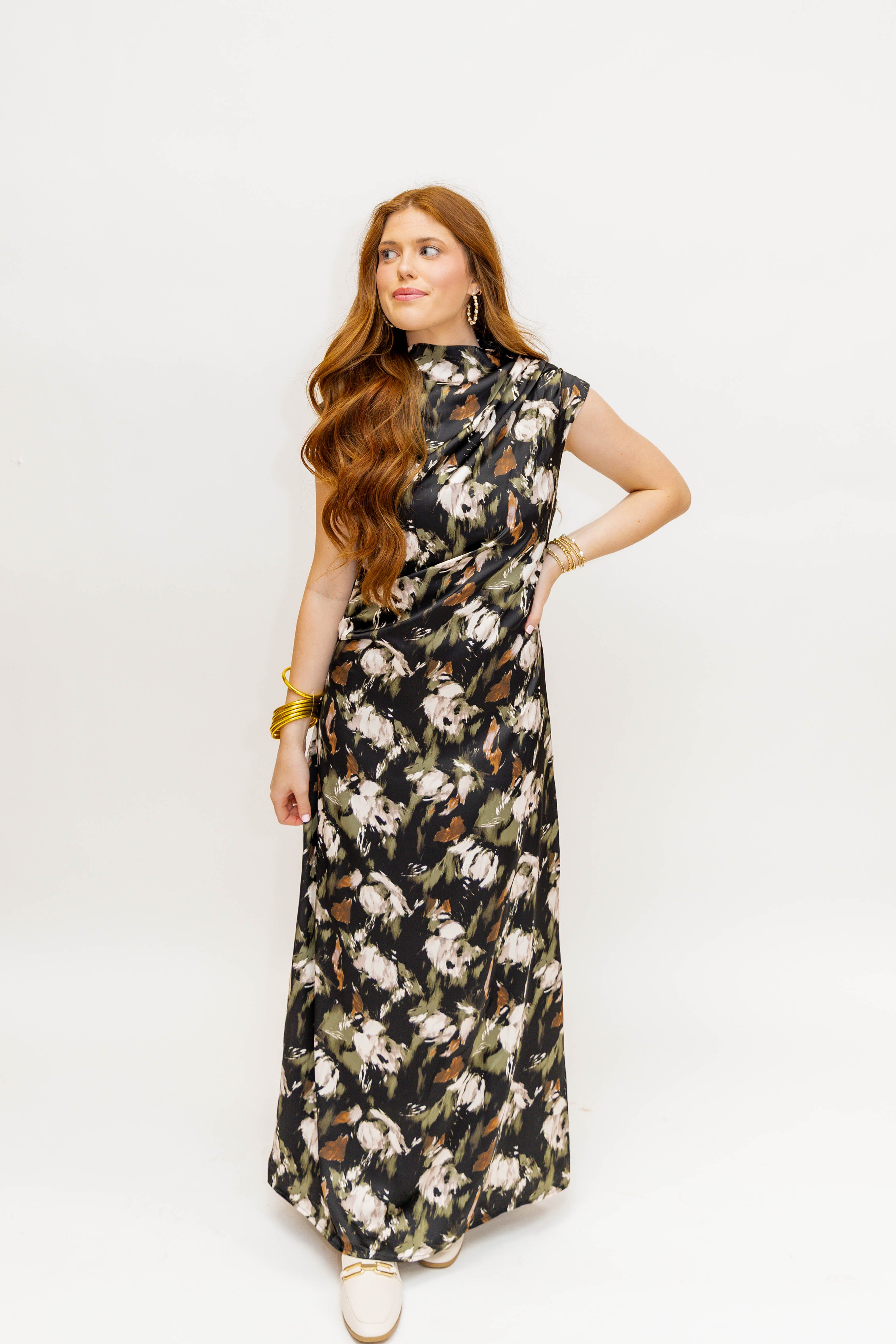 SATIN MAXI PRINTED DRESS