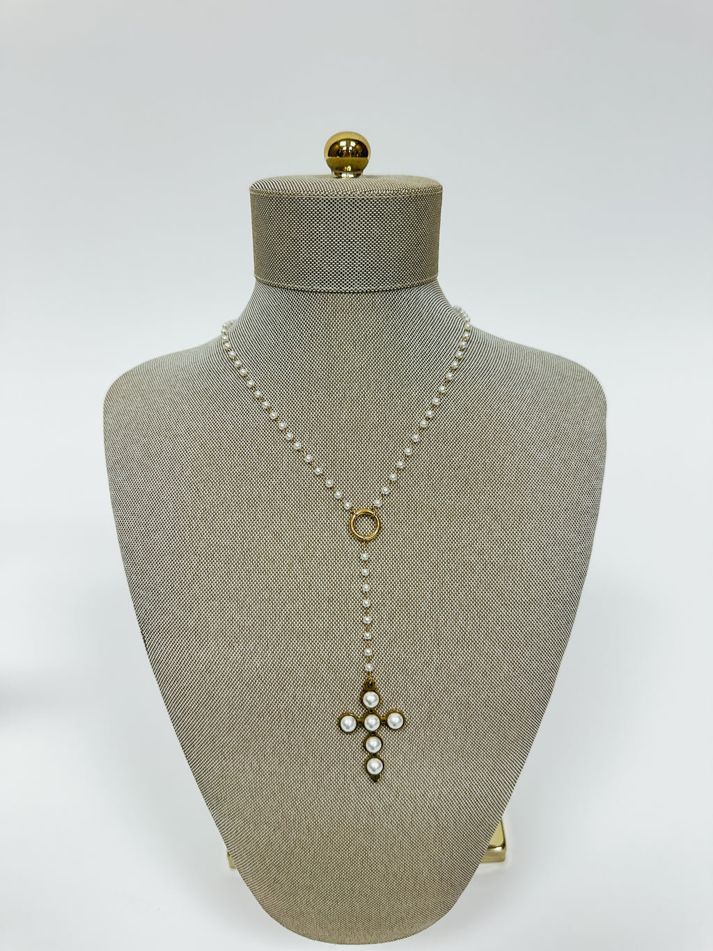 LARIAT PEARL CROSS NECKLACE