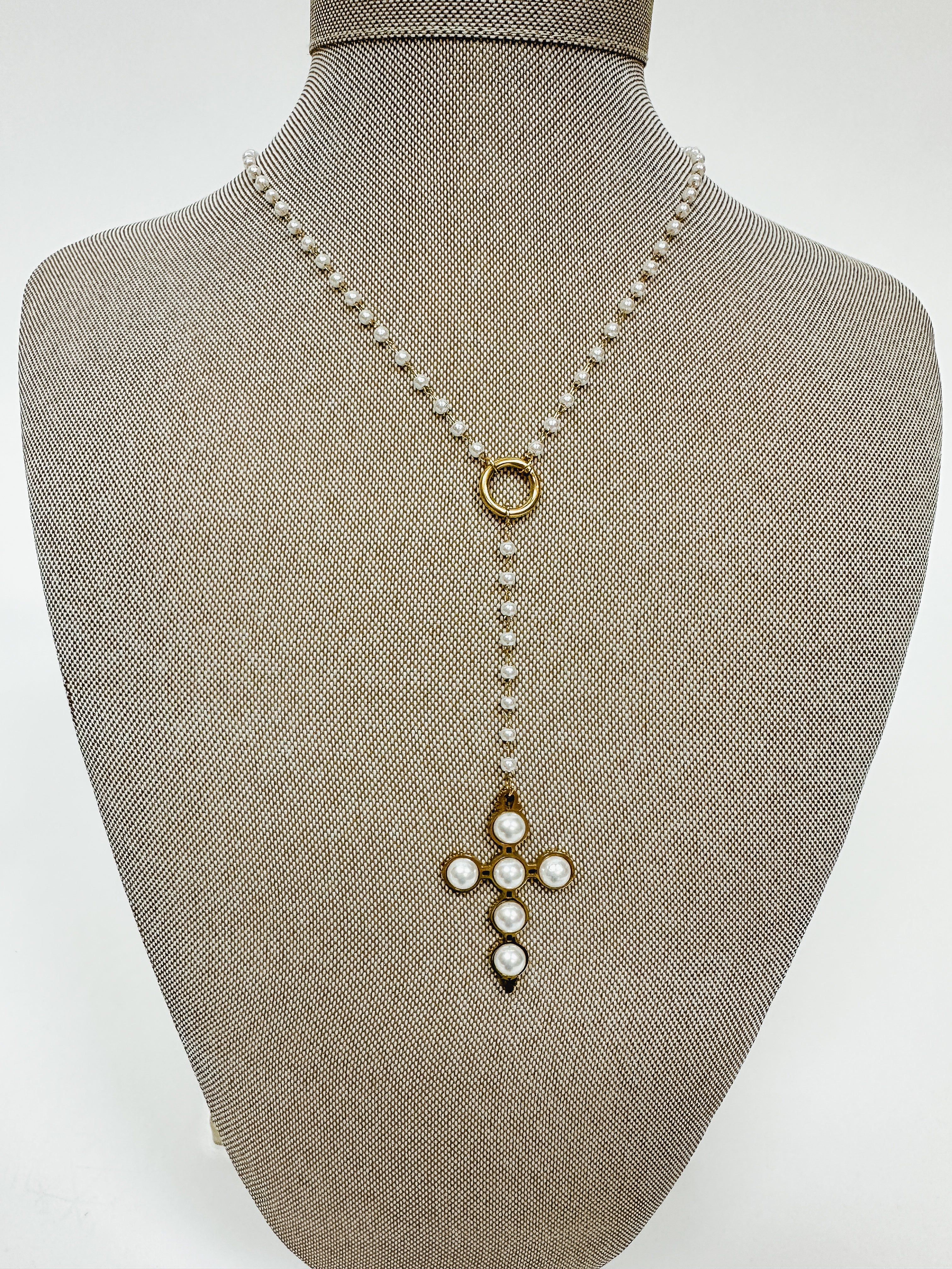 LARIAT PEARL CROSS NECKLACE